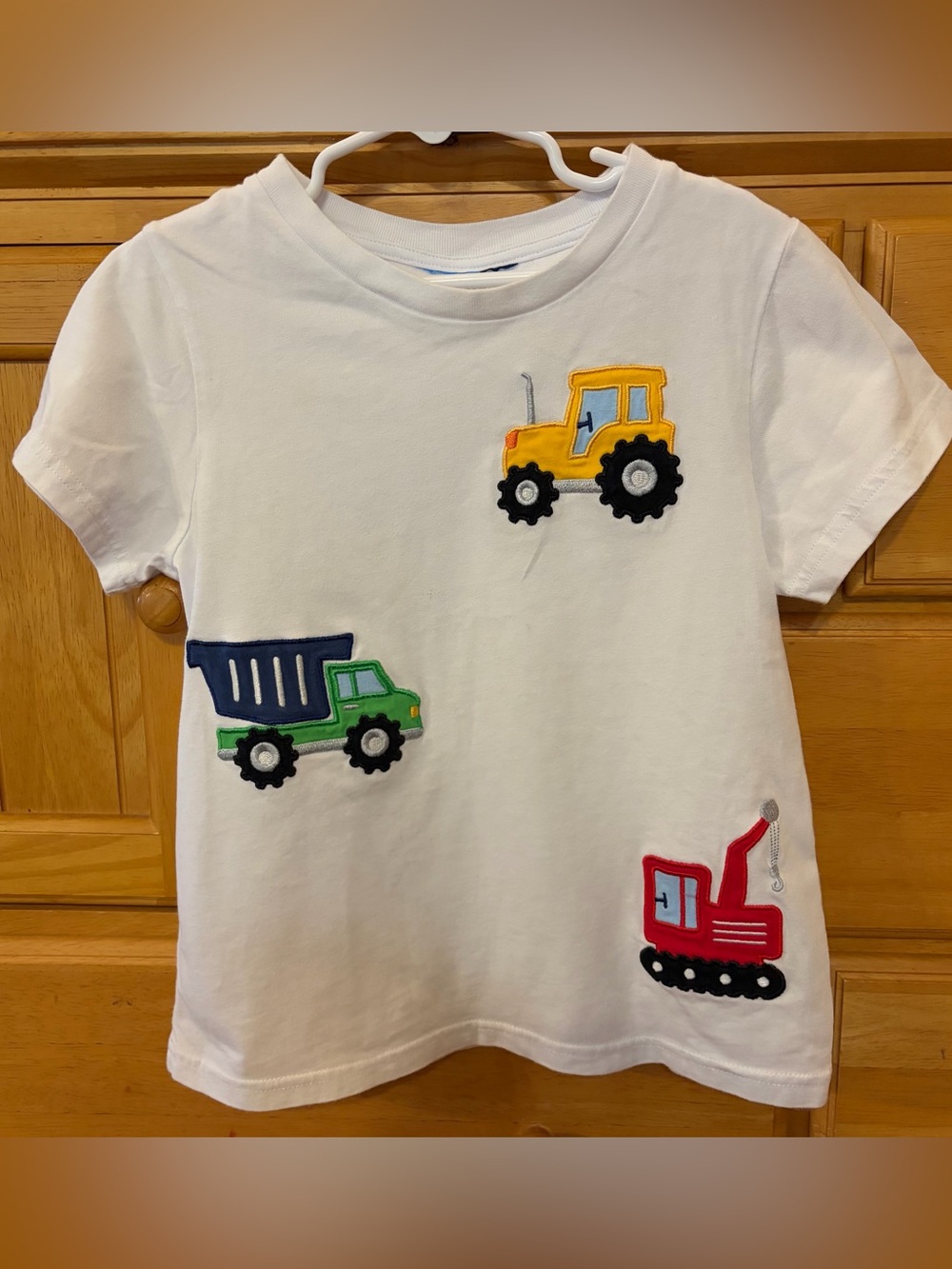 Boys White Cotton Tee Shirt w/Tractor, Dump Truck & Crane Appliqué Primary Color